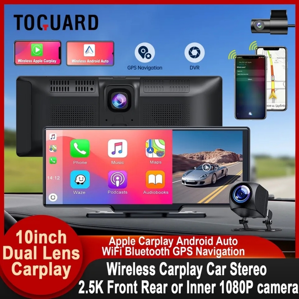 TOGUARD 10inch Dual Lens Wireless Carplay Screen Player AndroidAuto Car Stereo D